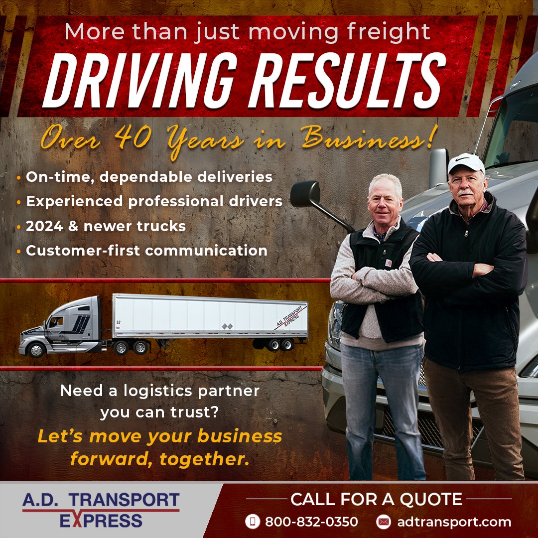 adtransportexp's tweet image. At A.D. Transport Express, we’re here to do more than just deliver your freight. We’re dedicated to powering your success! With over 40 years of experience, you can count on us for reliable logistics solutions! #adtransportexpress #logistics #freightdelivery