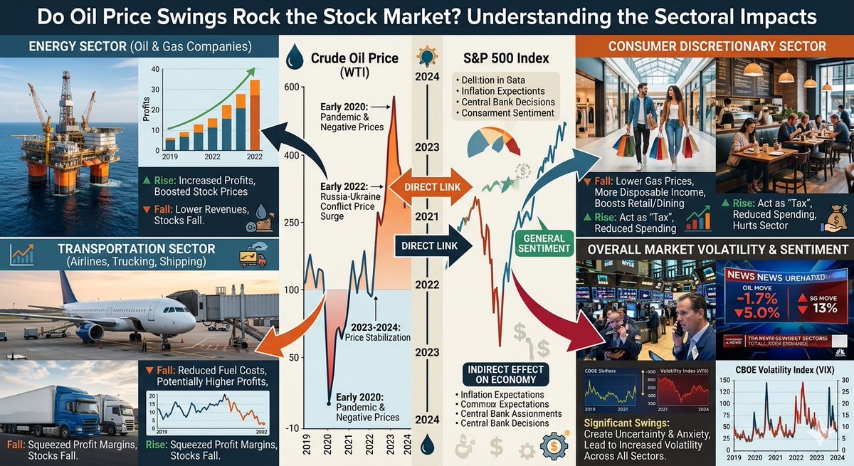 Lagart369's tweet photo. Do Oil Price Swings Rock the Stock Market?#OilMarket #Oil #markett 
Do Oil Price Swings Rock the Stock Market?
If you've been around the financial block a few times, you probably have vivid memories of the wild ride in the oil market over the past few years. 
Remember the jaw-dropping moment in early 2020 when WTI crude futures dipped into negative territory because of the pandemic? Or how about the oil price surge to $130 a barrel after the 2022 Russia-Ukraine conflict kicked off? 
Meanwhile, the stock market followed a similar trend, with the S&P 500 experiencing a decline during both periods.