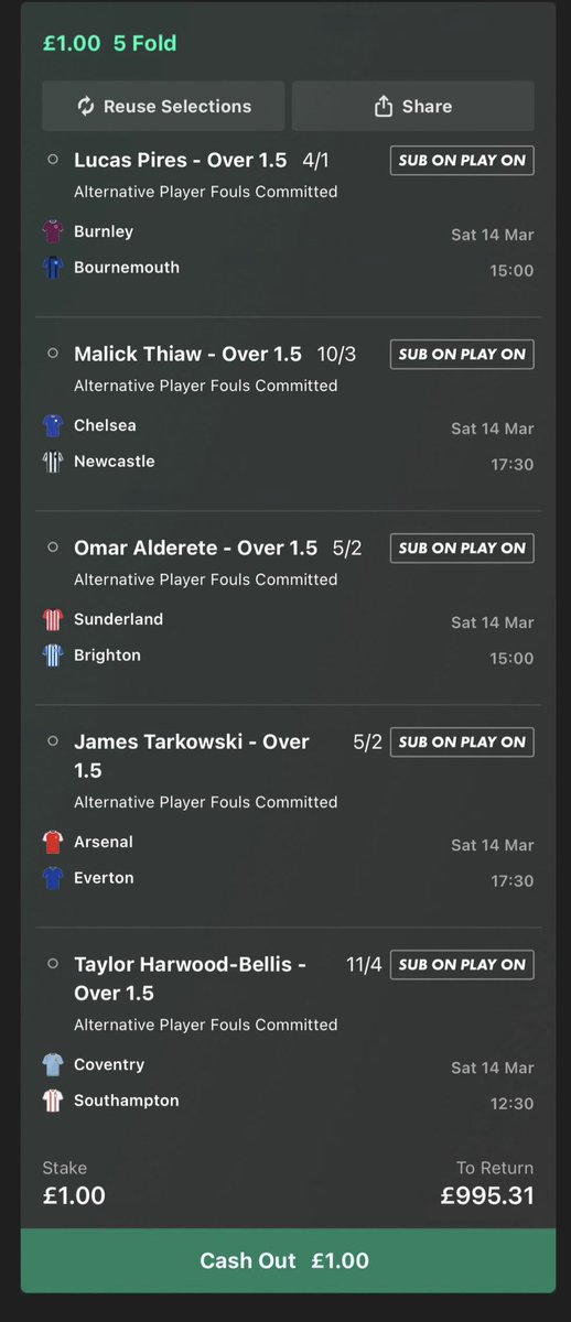 bettingvillage's tweet photo. Almost 1,000/1 👀

Our longshot attempt at 5 players to make a couple of fouls each.

Load selctions...

Here 👉🏼 https://t.co/F2mr1V8ghp

Subs covered, any players who do not start get voided.

18+ https://t.co/a7lpD3SLWQ #AD T&amp;Cs apply https://t.co/jlKJk2fcQ5