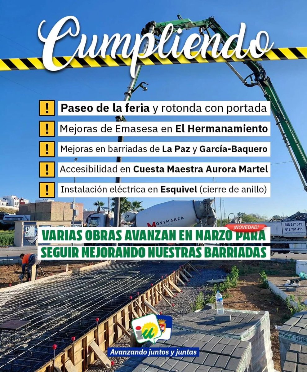 iualcaladelrio's tweet photo. 🚧 Seguimos transformando las reivindicaciones de nuestros vecinos y vecinas en avances reales que mejoran la vida cotidiana en nuestros pueblos.

⚠️ Solo en estas dos primeras semanas de marzo están avanzando ya estas obras para mejorar nuestras barriadas. https://t.co/iaxdG2jXir
