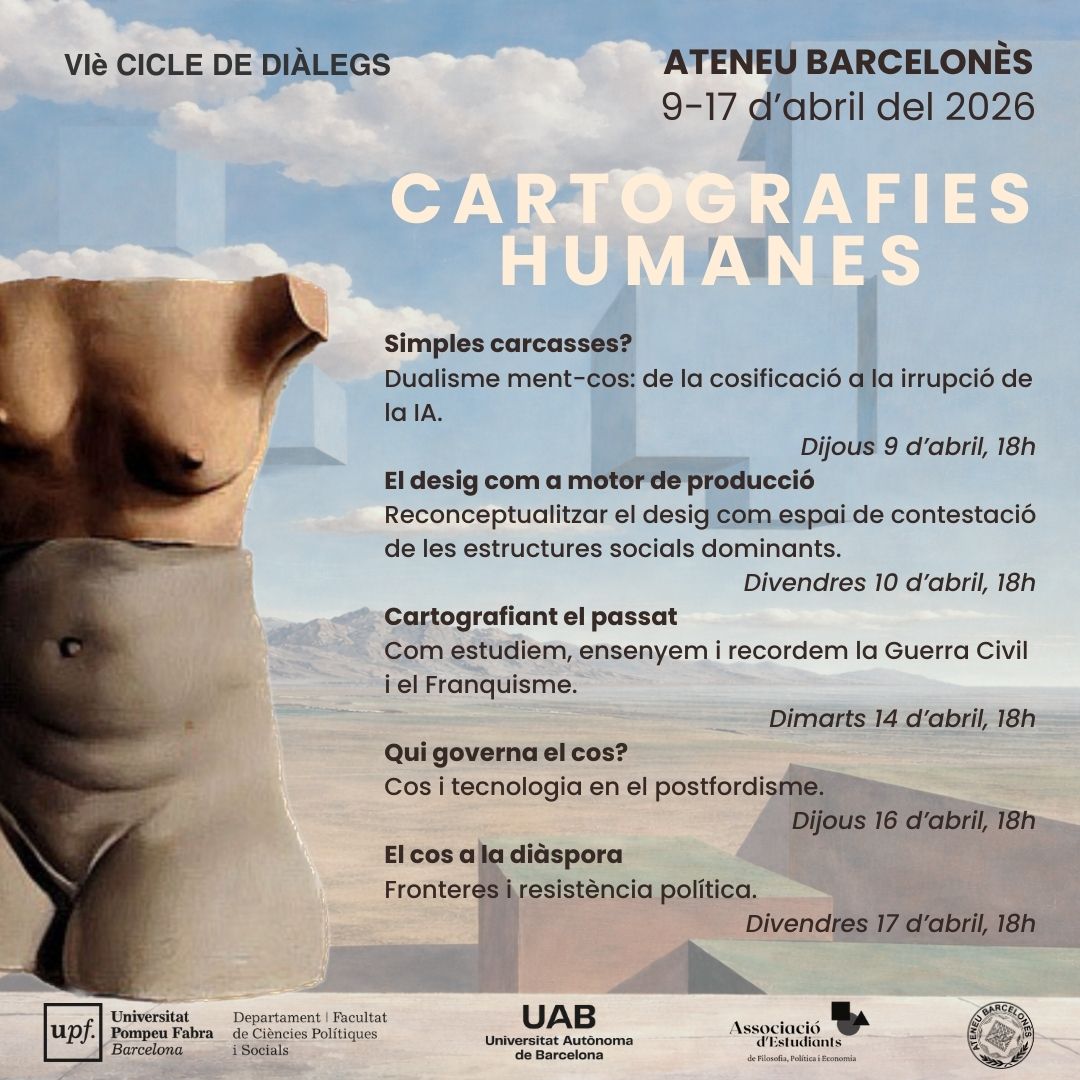 🗣️Obriu les agendes! Us presentem el programa del cicle d’enguany, que torna de la mà de l'alumnat de 4t curs de Filosofia, Política i Economia.

📆 Durant 5 sessions, del 9 al 17 d’abril, al'<a href="/AteneuBCN/">Ateneu Barcelonès</a> reflexionarem sobre el cos com a territori viu. L’assistència és gratuïta! 🙌