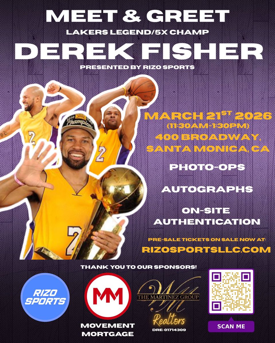 Derek Fisher Meet &amp; Greet Giveaway! 🏀

Giving away a signed 8x10 of his legendary 0.4 shot to celebrate his meet &amp; greet at Rizo Sports Santa Monica this Friday!

To enter:
1️⃣ Follow <a href="/LakeShowYo/">LakeShowYo</a> 
2️⃣ Like + RT

🎟️ Tickets selling fast: rizosportsllc.com/collections/de…
