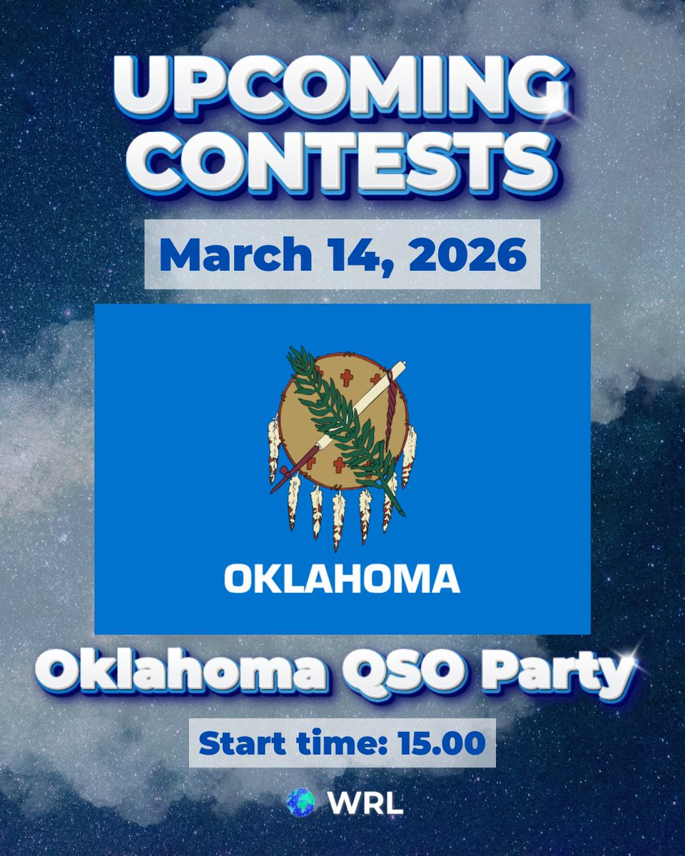 WorldRadioLeag's tweet photo. 🤠📡 Get Ready for Some Oklahoma DX! The Oklahoma QSO Party is On the Air!

Saddle up for a fun weekend of contacts as the Oklahoma QSO Party kicks off on March 14, 2026 at 15:00 UTC! Stations across Oklahoma will be active and ready to hand out counties, making this a great opportunity to add new multipliers and exciting QSOs to your log. 🌎📻

📡 Contest: Oklahoma QSO Party
🗓 Date: March 14, 2026
🕒 Start Time: 15:00 UTC
🌐 Open to operators worldwide
📍 Focus: Working Oklahoma stations and counties

🎯 Why Join the Fun?
📍 Collect Oklahoma county multipliers
🌎 Work stations across the state and beyond
📻 Enjoy a relaxed but competitive QSO party
🏆 Boost your log with new contacts and awards

🛠 How to Join on World Radio League:
1️⃣ Log in to your World Radio League account - https://t.co/ryVdy2uwkd
2️⃣ Head to the Contests section - https://t.co/wrzhEZdCuf
3️⃣ Select Oklahoma QSO Party
4️⃣ Click Enroll and start calling CQ!

💬 Are you hunting Oklahoma counties or activating one yourself? Drop your callsign + county (if in OK) below and let’s get the bands buzzing! 📻✨