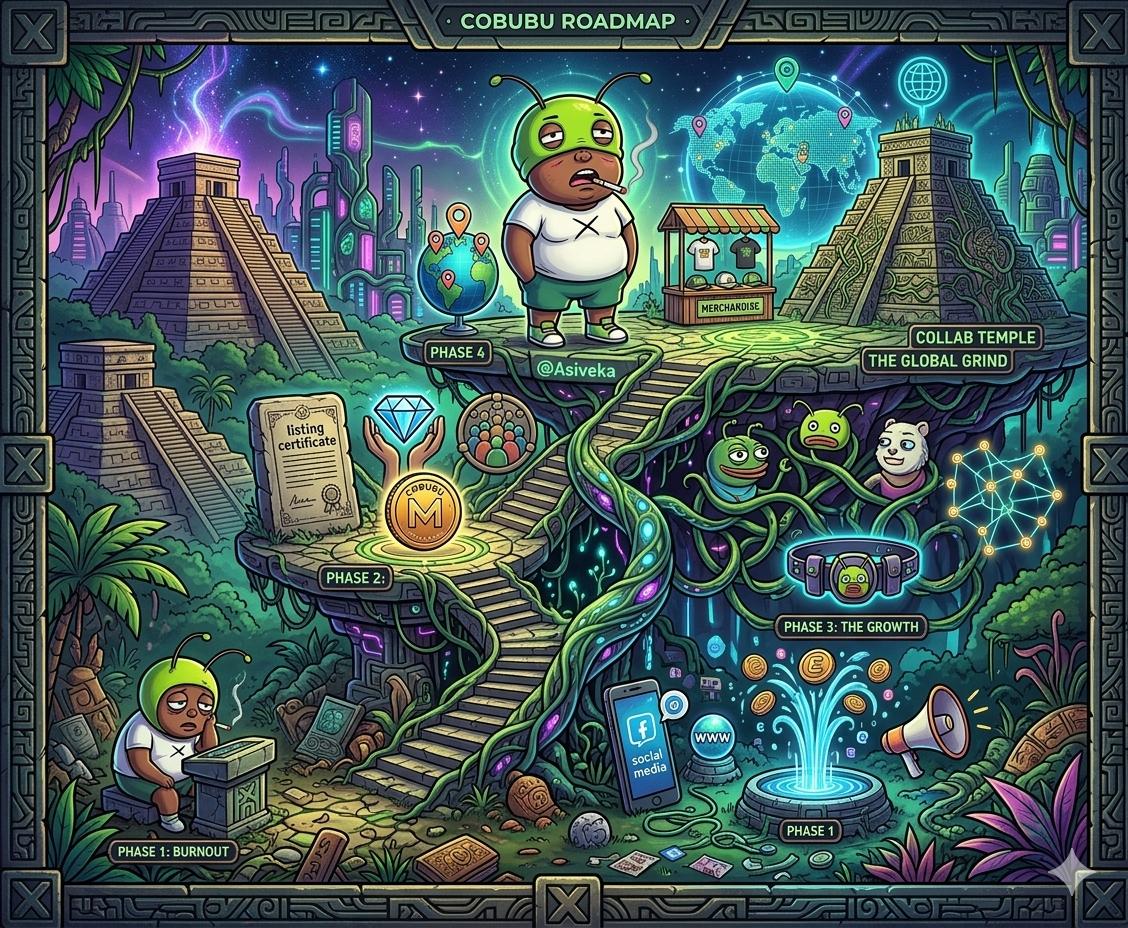 Cobubu ($COBUBU) Roadmap – From Burnout to Global Grind 

Phase1: Launch &amp; Bootstrap 
▸Official website + socials go live  
▸Liquidity launch on Everyswap  
▸Media rollout + Weekly Meme Challenges kick off

Phase 2: Recognition  
▸Official listing on Mememax  
▸Community