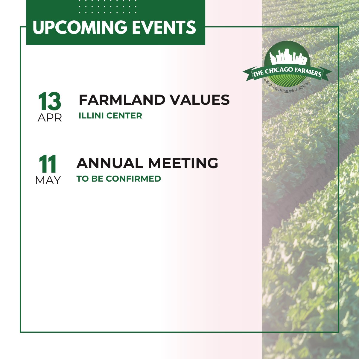 ChicagoFarmers's tweet photo. #TheChicagoFarmers discuss a variety of current topics in agriculture. Add final luncheons of the year to your calendar so you don’t miss anything. Next up is our most popular topic: land values. https://t.co/wBpUaDtq5j