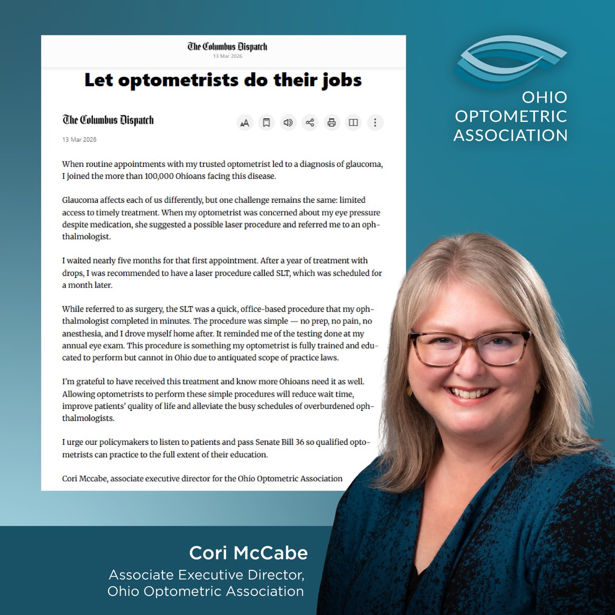 OhioOptometric's tweet photo. ICYMI: Assoc. ED Cori McCabe’s letter to the editor on Senate Bill 36 was recently published in @DispatchAlerts.

Read the LTE and learn how this bill will improve patient access to care and #glaucoma treatment: https://t.co/KgkylcL0jM https://t.co/XAapBasHnf