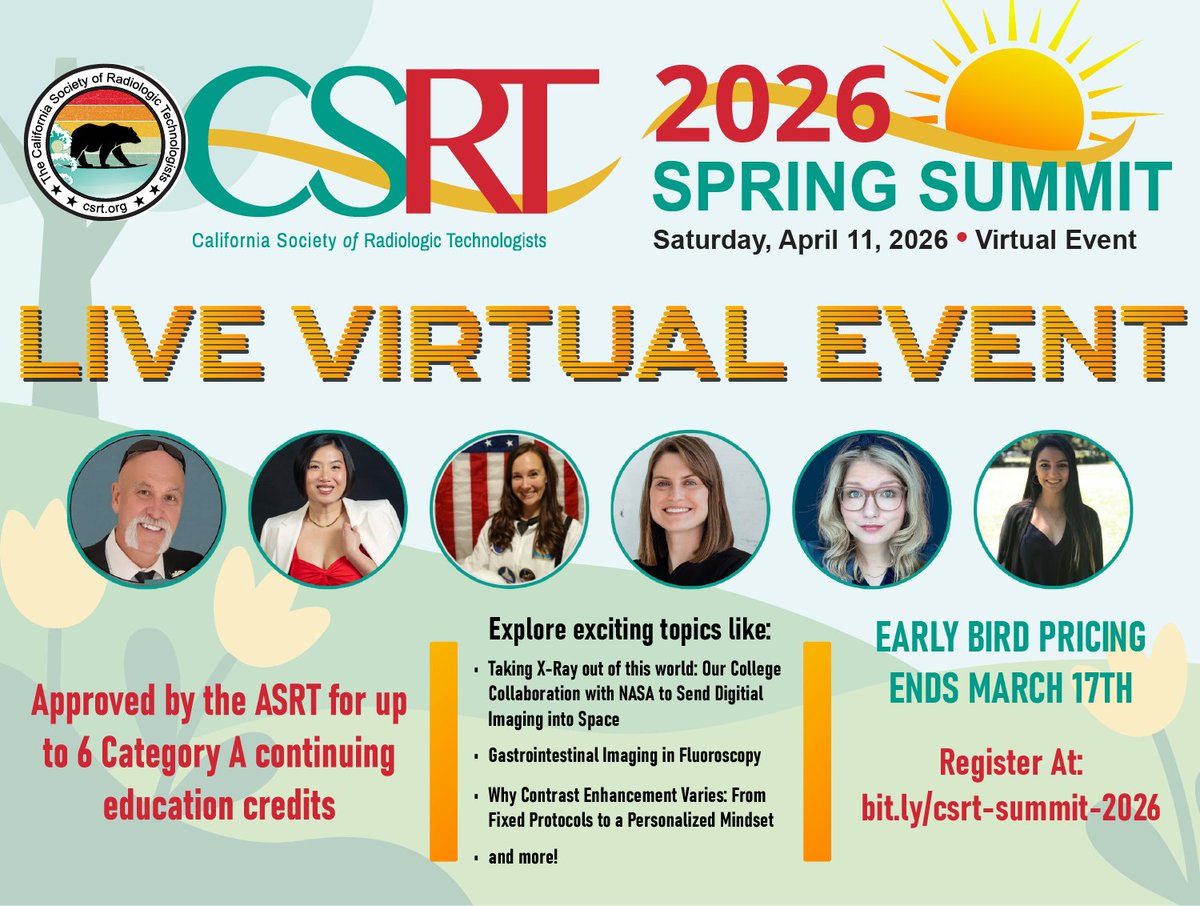 CSRTorg's tweet photo. REGISTER NOW! The CSRT 2026 Spring Virtual Conference is waiting for you! Our spring summit explores a variety of topics, from X-Rays into Space to Why Contrast Enhancement Varies. Learn more and register at: https://t.co/sqGQdCeF6f

*Early Bird Pricing ends March 17th*

#RadTech https://t.co/fnYidEWm0H