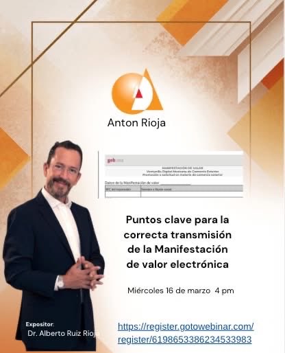 A pocos dias de que inicie la obligación de transmisión de la Manifestaciond de Valor Electrónica acompáñanos a una sesión gratuita sobre dudas,  preguntas frecuentes y aspectos clave para un correcto cumplimiento

inscripción sin costo register.gotowebinar.com/register/61986…
