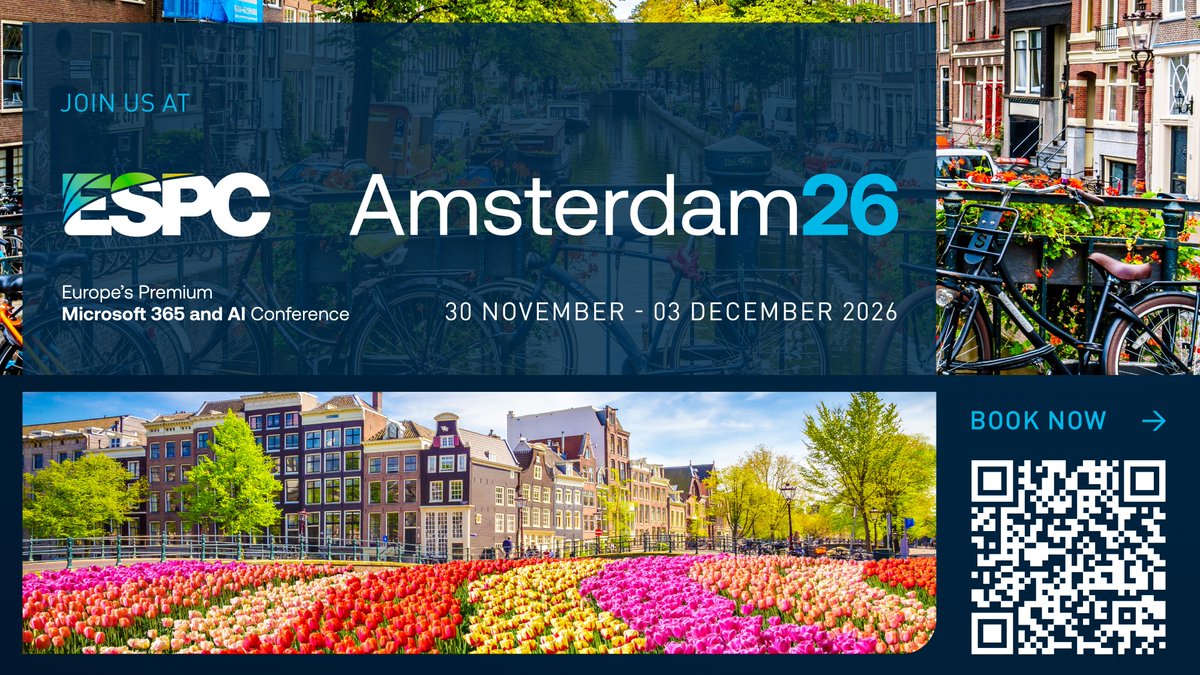 MSTCommunity's tweet image. Looking to grow your #Microsoft365 &amp;amp; #AI skills? 🚀

Join #ESPC26, Europe’s premium Microsoft 365 &amp;amp; AI conference, with 120+ sessions from community experts &amp;amp; Microsoft.

📍 Amsterdam | 🗓 Nov 30–Dec 3
👉 Register at: msft.it/6012QmKCE