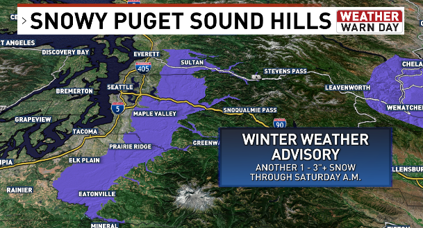 ShannonODKOMO's tweet photo. A band of lingering, heavy, sleety March snow over the Central Sound has prompted a WINTER WEATHER ADVISORY through Saturday morning. While things are still wet at sea level, some hills will pick up an additional 1-4" of slushy snow overnight. #WAwx https://t.co/CmVyyjl4dO