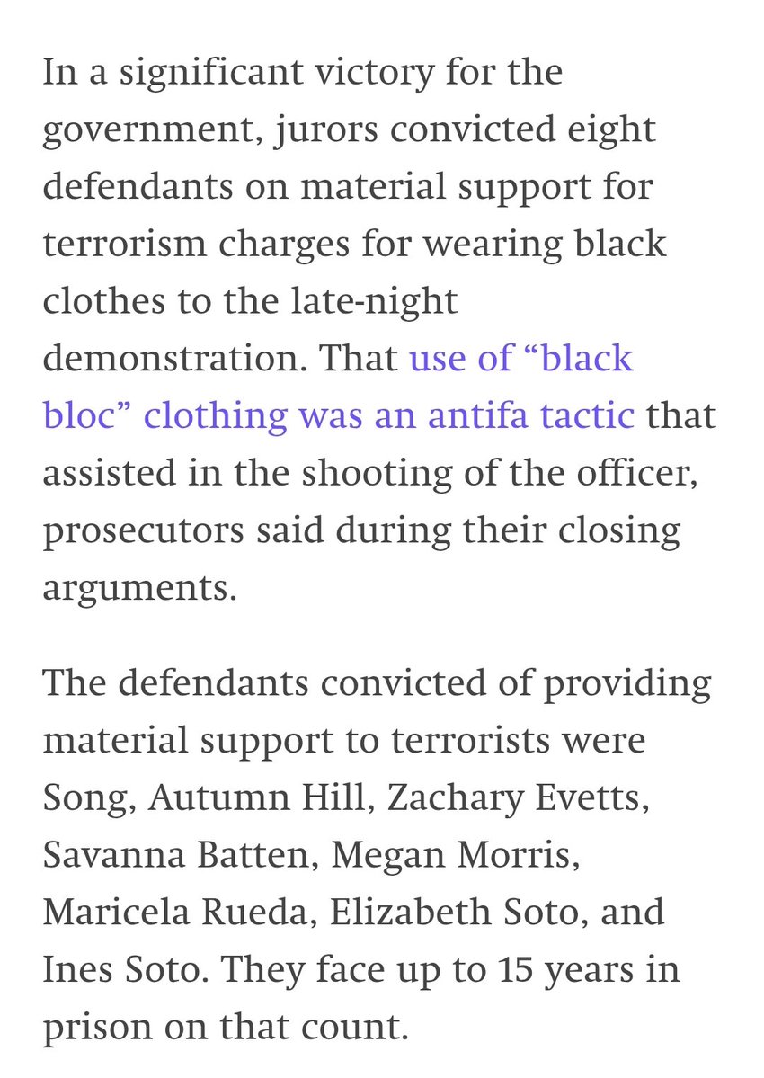 Convicted of "material support for terrorism" for the clothes they wore to a protest. This is a serious threat to the First Amendment.