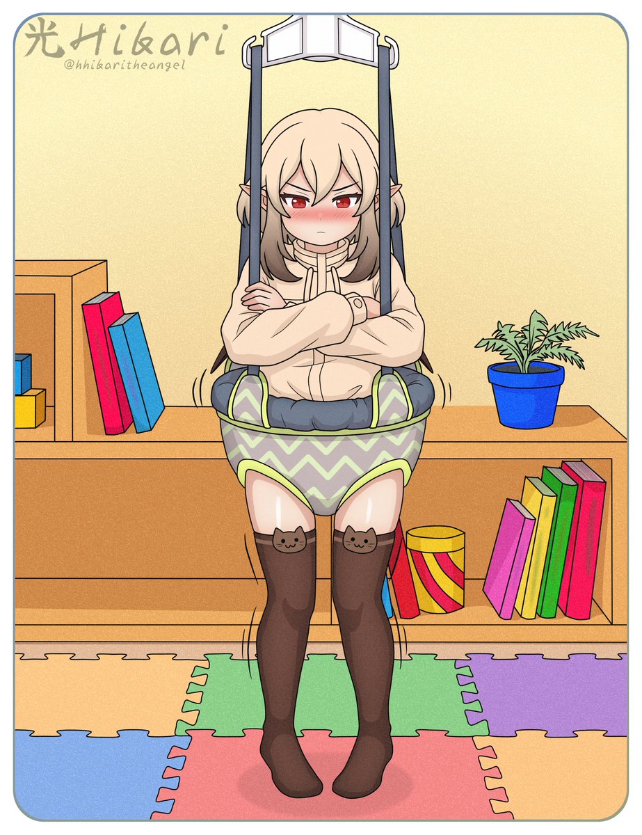 Peeked in after naptime and found my little completely stuck in the bouncer That huge blush and crossed arms tell me she tried to 'escape.' Normally I’d help,but I think this calls for a little timeout right where she is

DeviantArt: deviantart.com/hhikaritheange… #diaperart #abdlart