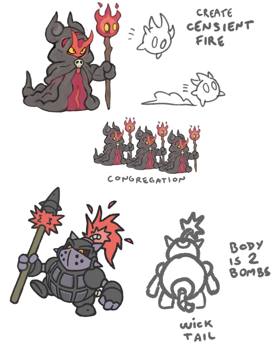 Smokult worships the fire and, to make offerings to his idol, burns forests and everything else he is capable of.
Explonade has a fiery temper and a very resilient body, but if pierced, will result in a huge explosion. 🔥🧙‍♂️💣

commission for RUNE BEASTS game!🐾