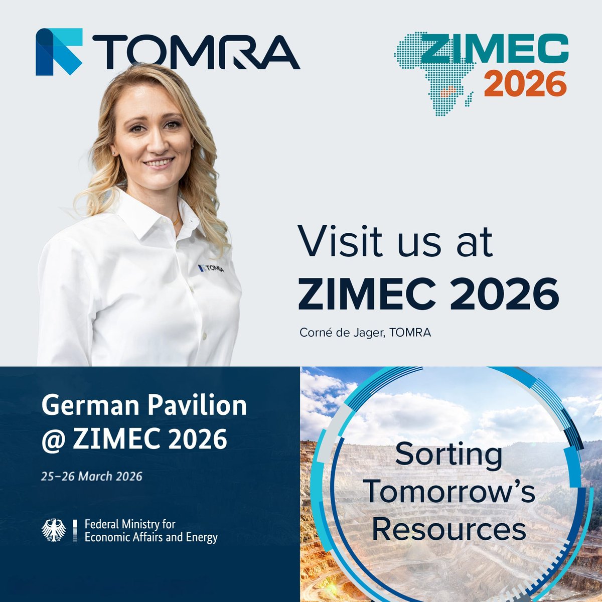 TOMRAMining's tweet image. Join #TOMRAMining at #ZIMEC2026 in Kitwe, Zambia, on March 25-26. 

Corné de Jager and the team will be at the German Pavilion to discuss how #SensorBasedSorting is transforming mining across Africa.

Let's talk. ⛏️