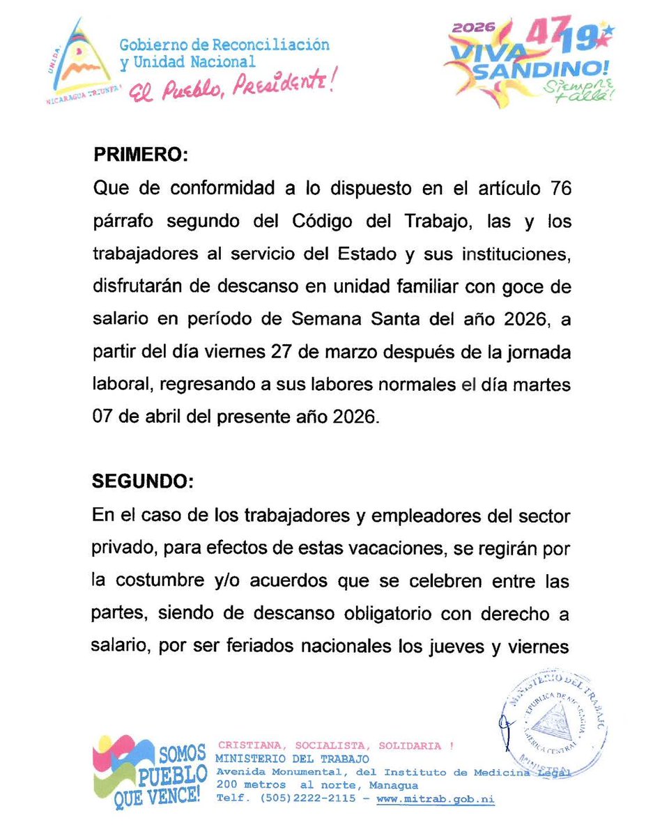 Trabajonica's tweet photo. Atención trabajadores de #Nicaragua estos son los días que comprenden el período de vacaciones con goce de salario para las vacaciones de semana santa 2026.

@NicaraguaCuenta con @FNT_Nicaragua y @AnaGomez_UNE
#LaRevolucionEsProletaria https://t.co/RCC1YpIJOj