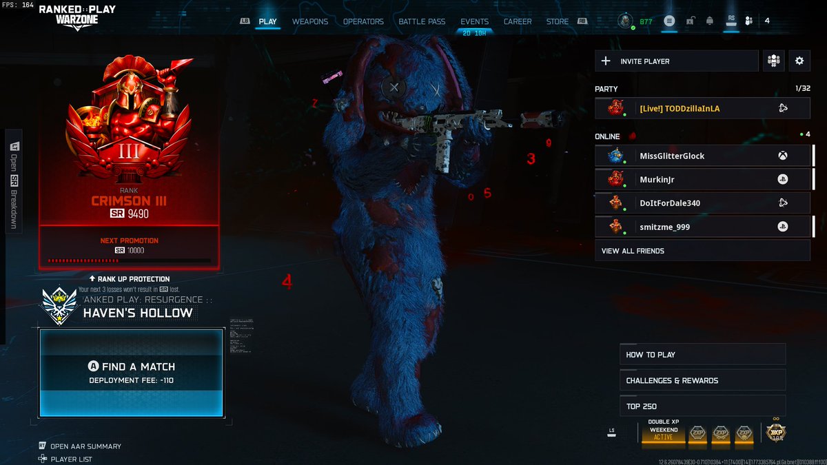 TODDzillaInLA's tweet photo. Day 4 of the ranked grind.
Finally locked in and pushed to Crimson III
9490 SR.
Iridescent is right there.
#WarzoneRanked #CODRanked https://t.co/IcRmOxxAaS