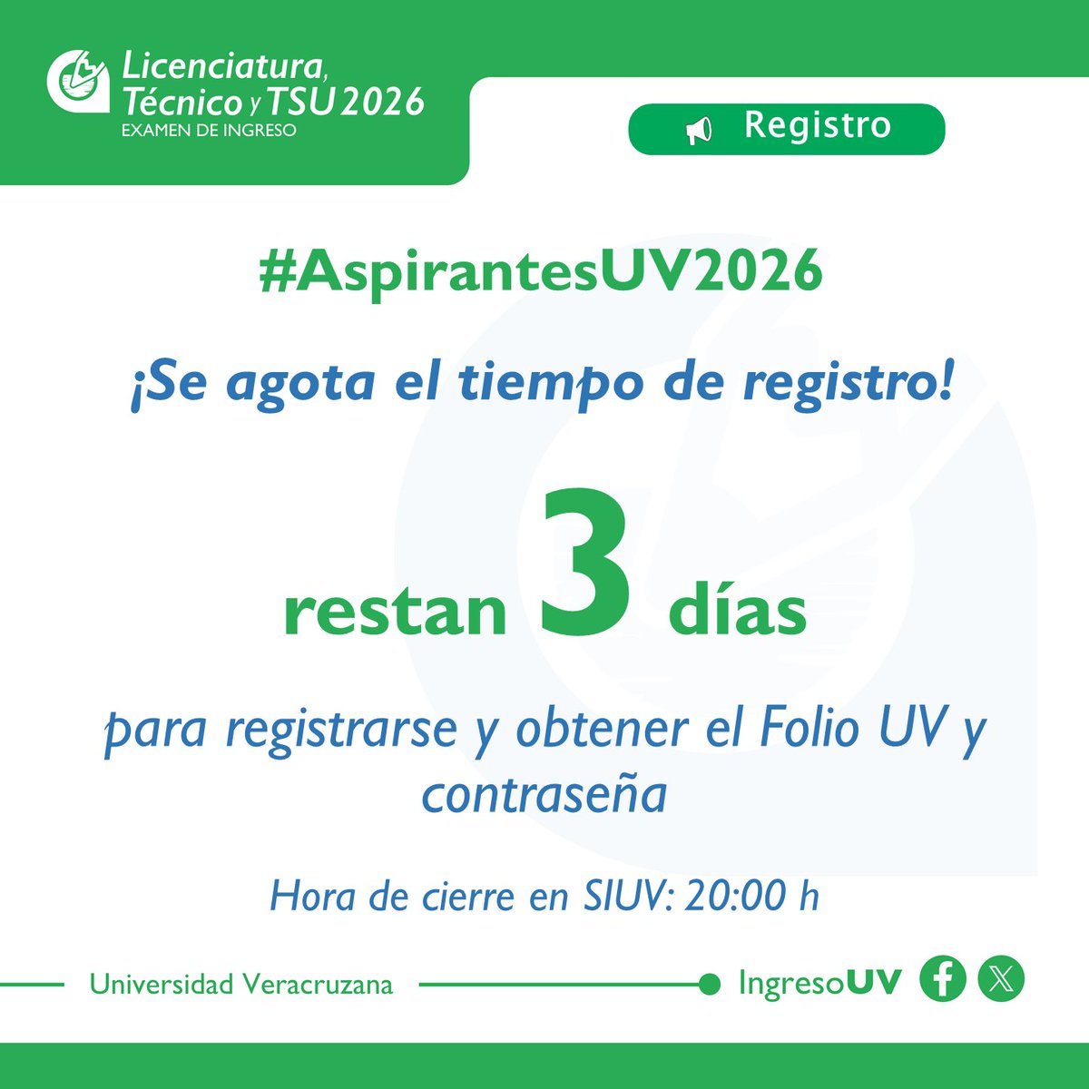 🚨 Últimos días #AspirantesUV2026 🚨
⏳ Comienza la cuenta regresiva, 3 días y cerramos el registro para #IngresoUV 
🕰️ Hora de cierre: 20:00 h
<a href="/UVeracruzanaMx/">Universidad Veracruzana</a> <a href="/LuzioUV/">Luzio UV</a>