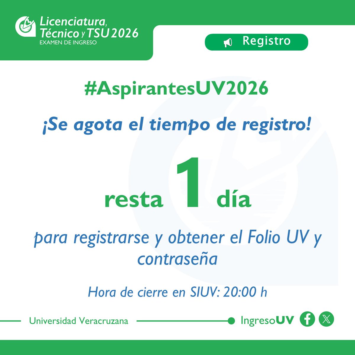 🚨 Aviso #AspirantesUV2026 🚨
⏳ 1 día y cerramos el registro para #IngresoUV
🕰️ Hora de cierre: 20:00 h
<a href="/UVeracruzanaMx/">Universidad Veracruzana</a> <a href="/LuzioUV/">Luzio UV</a>