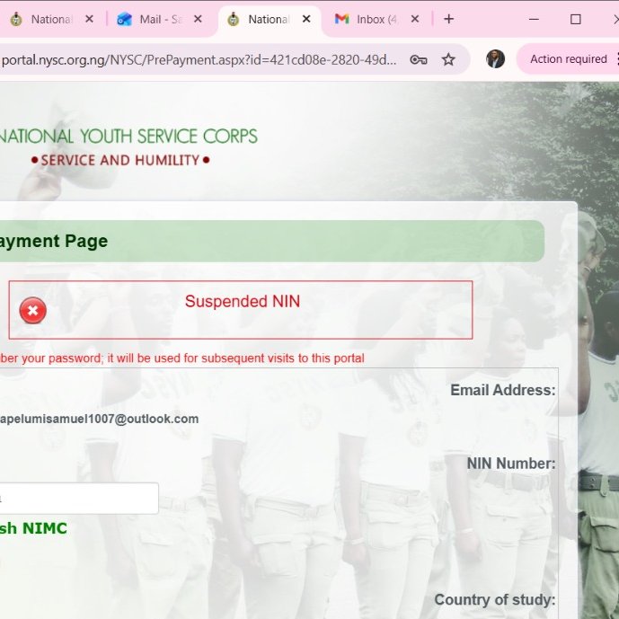 hadewaleypsalm's tweet image. I have been trying to complete my NYSC registration but the portal keeps showing 'Suspended NIN.'  Same issue I encountered while registering last batch.  Registration closes March 18. @officialnyscng  @nimc_ng  please fix this urgently. 

#NYSC #NYSCregistration #BatchAStream2
