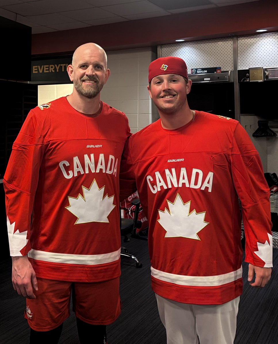 thepitch_pod's tweet photo. Big Maple and Tugboat 🇨🇦

James Paxton and Matt Wilkinson rocking the Team Canada jerseys today after hearing from some Canadian hockey heroes. Ladner represent!

Go Canada Go 🇨🇦
Canada vs USA tonight in the WBC Quarterfinal.

#TeamCanada #WBC #ThePitchPod https://t.co/eWdbSAqgsk