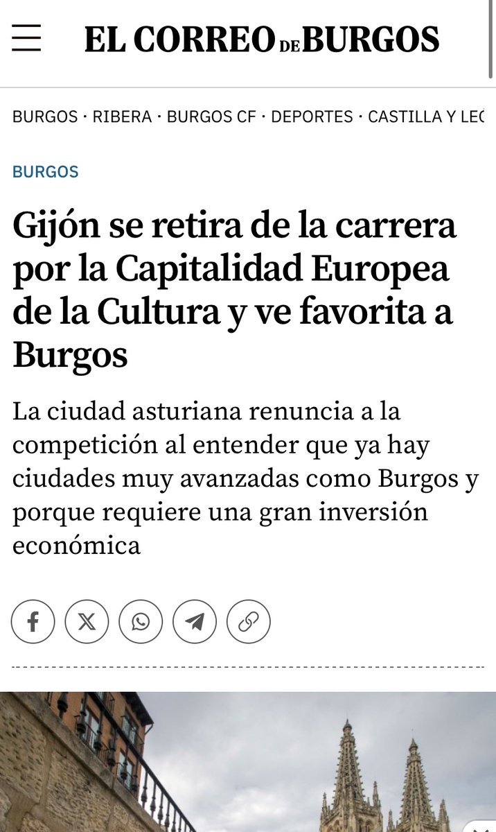 La primera ciudad de Asturias y segunda de la cornisa cantábrica tras Bilbao retiró la candidatura a Capital Europea de la Cultura porque Burgos tenía una candidatura muy avanzada. Burgos no pasó el corte.