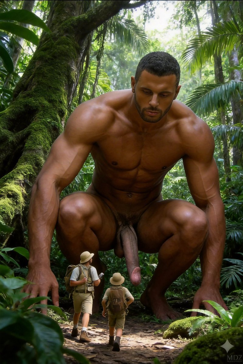 GayAdventuresAI's tweet photo. Long ago, while I was exploring the jungle with two friends, we saw a giant. He seemed friendly and invited us closer. Very close. #gayai #gayfantasy #aigenerated #queerart https://t.co/Kaa3c63xRE