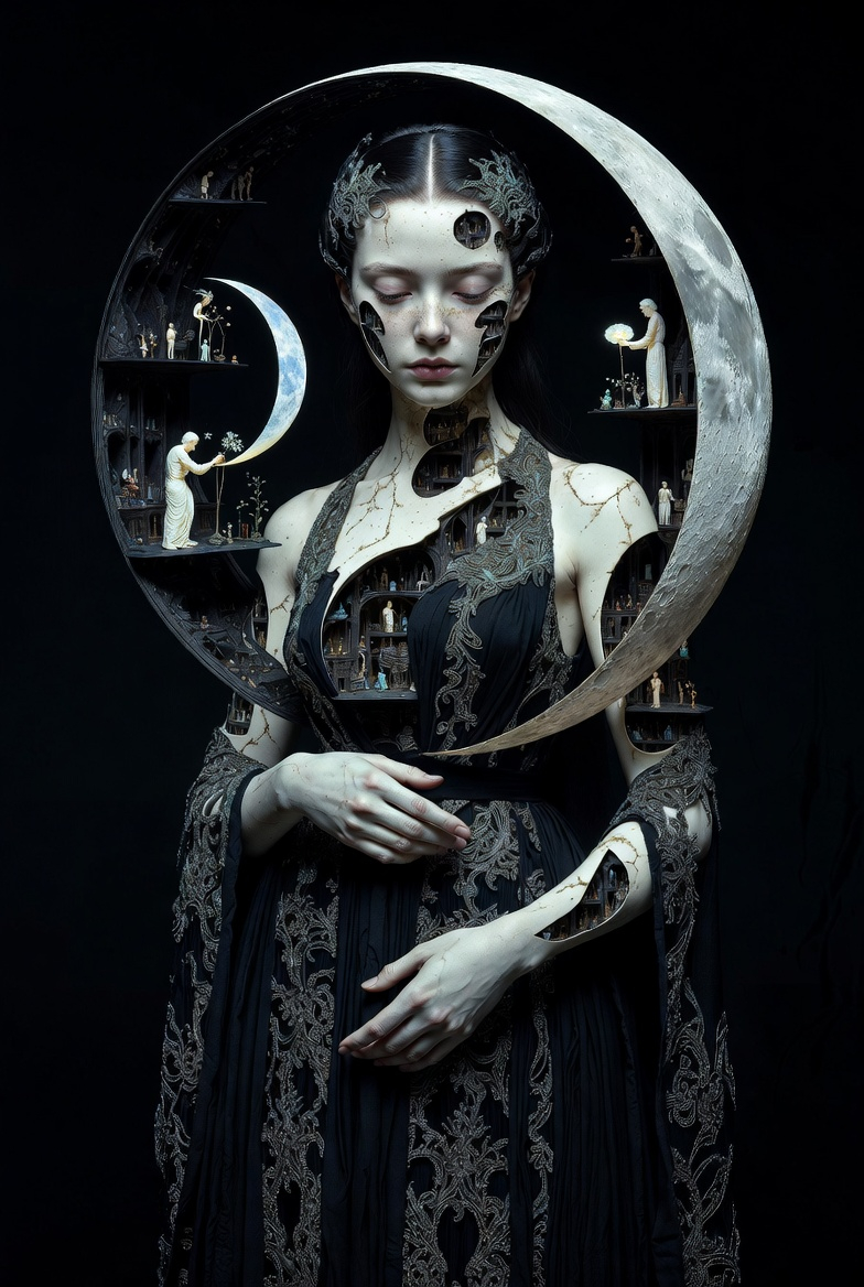 Benny_Lava_007's tweet photo. QT Your Moon Art
TFTT: @BeanieBlossom - thank you so much for thinking of me with this beautiful theme.
@Runtelart - @Alranshen - would you like to join?
Because it is very hard to choose, I bring three different faces of the Moon.
Moon Trilogy (달 3부작)
She swallowed the moon in phases until temples grew inside her throat. Then she became curator - holding fragments, cataloging what the sky forgot, preserving the figures who lived between crescents. Finally, she stopped collecting and became the landscape itself. They kneel on her surface now, building their monuments in her craters. The moon didn't need a goddess. It needed someone willing to become it.
#NARIVision #SurrealArt #AIArt