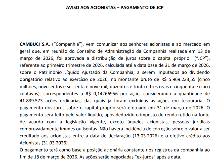 portalsmallcaps's tweet photo. Cambuci #camb3 aprova R$ 0,12 líquido por ação em JCP, o dividend yield é de 1,3% e o pagamento será em 31 de março de 2026. https://t.co/OUj24UWGUt