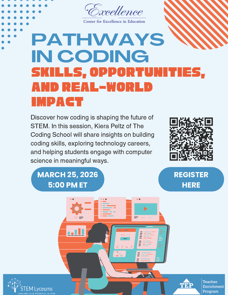 CEE1983's tweet photo. CEE presents "Pathways in Coding" via Zoom on March 25 at 5 p.m. ET. Discover how coding is shaping the future of STEM. Register at https://t.co/3OVnnGVaXk

#STEM #STEMed #STEMeducation #STEMLearning #coding #CodingCommunity #codingforkids #CodingKids #codinglife #CodingCareer https://t.co/iyZihWeARp