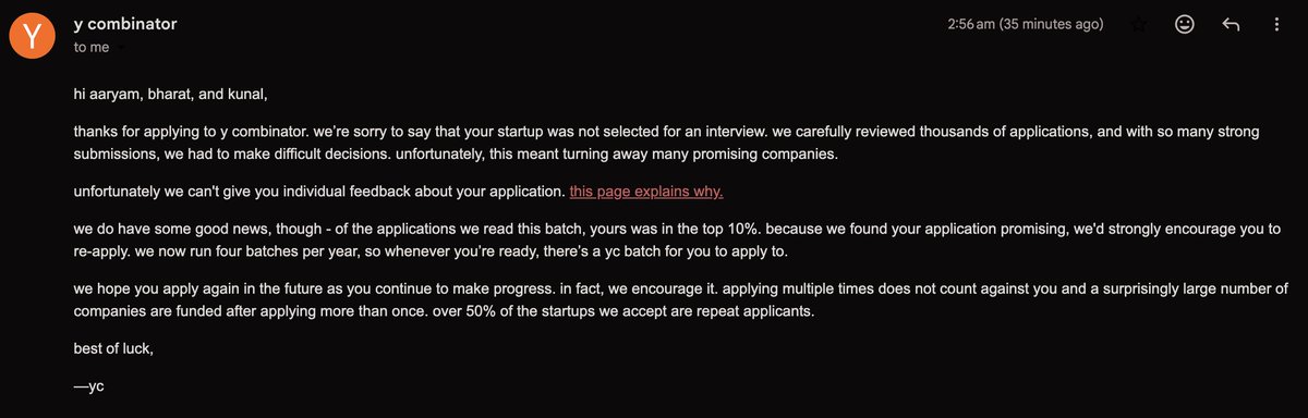 twenty2io's tweet photo. Top 10% is a strange place to be.

Heard back from Y Combinator today.

Good enough to notice, not good enough. https://t.co/FewOgS4Mh4