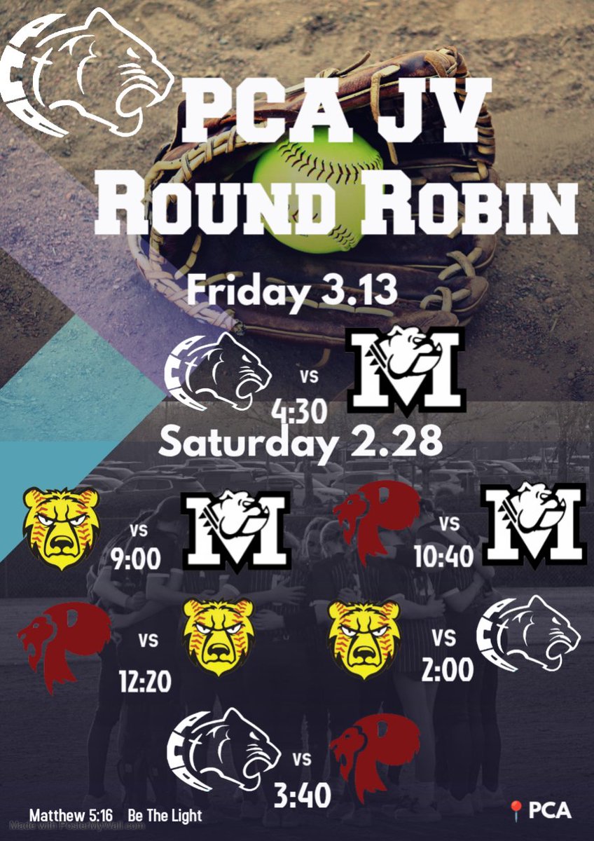 PCA_Softball_'s tweet photo. 🚨🥎 Game Day Alert🥎🚨
JV Tournament 🐾🥎
🗓 3/13/26 &amp; 3/14/26
🆚️ 🐶🐻🦁
⏰️ 4:30pm Fri / 2:00pm &amp; 3:40pm Sat
🏟 Prowler Park
📍322 Old Farm Ln, Prattville, AL 36066
Matthew 5:16 #BeTheLight ✝️
#FinishStrong 💪 https://t.co/Ao9ufYjAzM