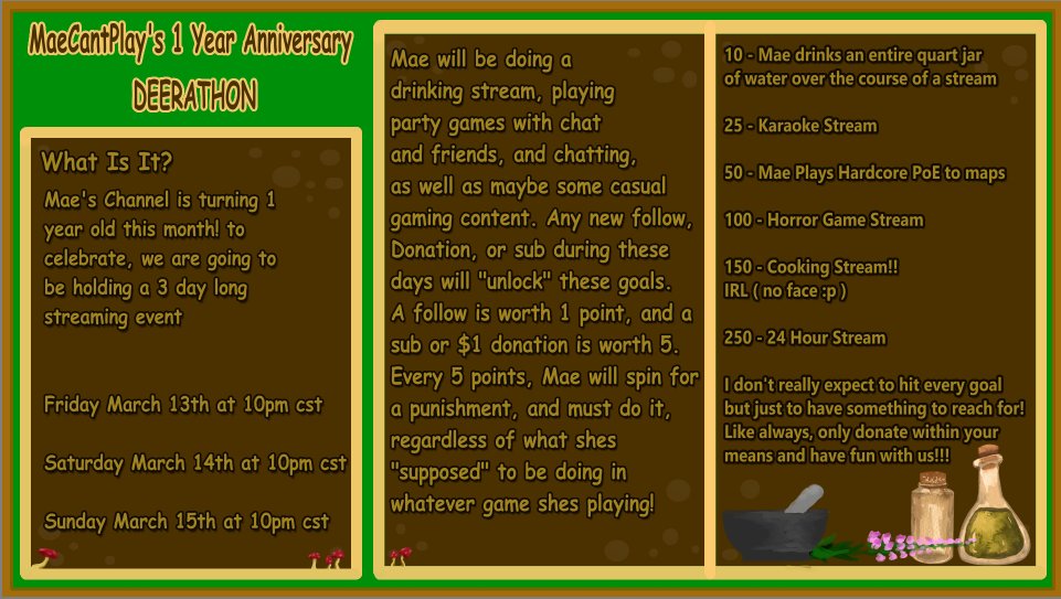Hello!!! Tonight is night one of the deer-a-thon!! Celebrate 1 year on twitch with me! Let's have fun together!

twitch.tv/maecantplay
@ 10pm CST