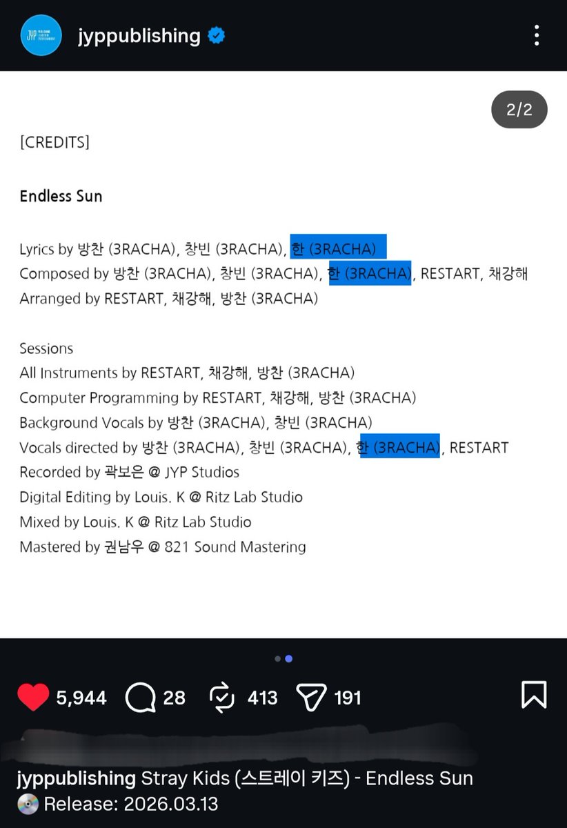🎶 #Han formó parte de la escritura, composición y dirección vocal de "Endless Sun", la nueva canción de Stray Kids en colaboración con BioreUV !!!

SKZ ENDLESS SUN IS HERE
#SKZ_EndlessSun_OutNow 
#StrayKidsXBioreUV

Vía JYPpublishing ig.