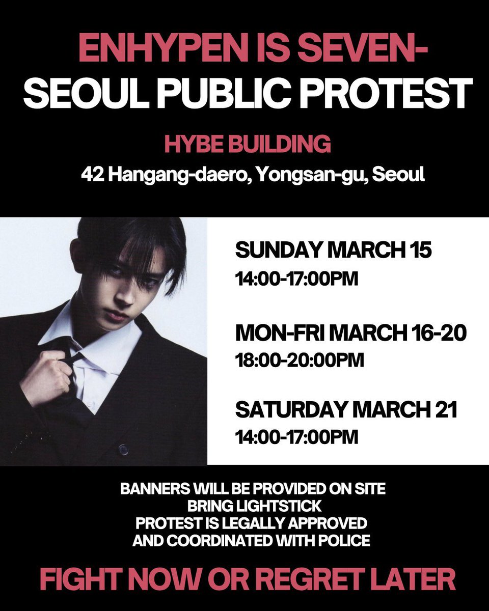 En_always7's tweet photo. π¨ PROTESTS IN SEOUL ARE BACK STARTING SUNDAY AND WILL CONTINUE ALL NEXT WEEK! π¨
π¨ PLEASE REFER TO THE PICTURES BELOW FOR MORE DETAILS! π¨
π¨ BRING HEESEUNG BACK TO ENHYPEN! π¨
#ENHYPEN_IS_SEVEN
#ENHYPEN_ARE_7
#PROTECT_ENHYPEN_SEVEN
#BELIFTLAB_EXPLAIN
#PROTECT_ENHYPEN π¨ https://t.co/I922wi0kth