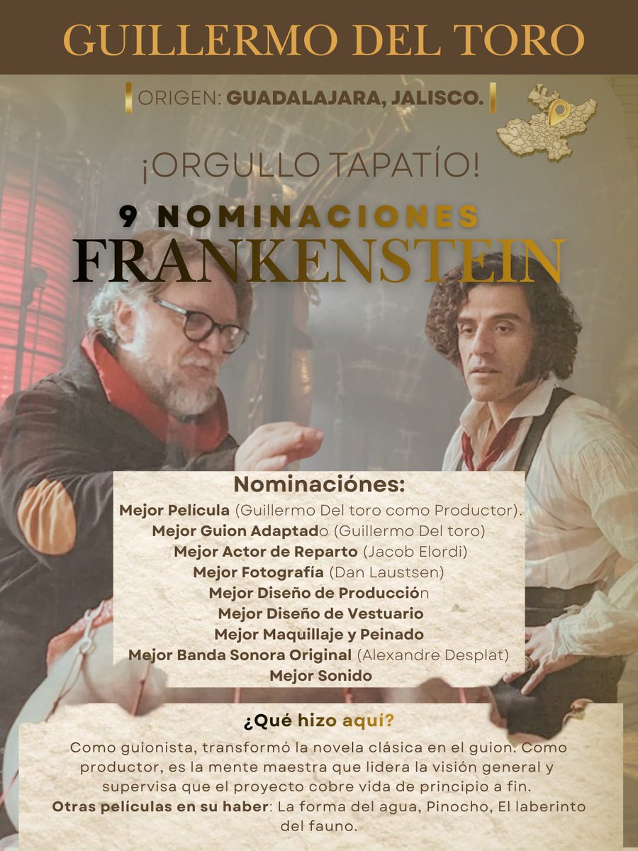 filmajalisco's tweet photo. 🇲🇽 ¡El talento mexicano brilla en los #Oscars2026! Desde Guillermo del Toro con Frankenstein hasta los increíbles artistas de animación y sonido que nos representan.
¿Ya tienes a tus favoritos? ¡Únete a nuestra quiniela y demuestra tu ojo cinéfilo! 👉https://t.co/nmOYpKHWgS https://t.co/3O2Ilgs8FW