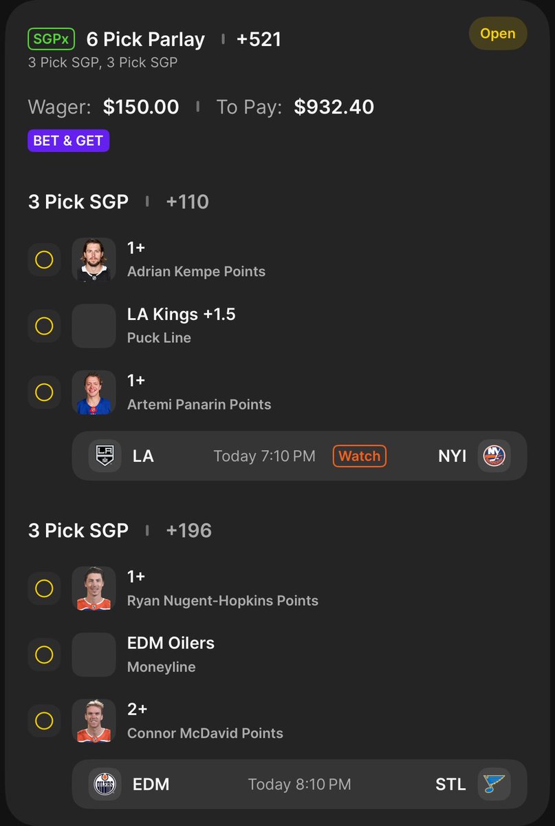 propbetclub's tweet photo. NHL 6-pick SGPx for tonight’s 2 games.
Prediction:
Kempe and Panarin connect on a PP goal. Kings may win outright, but safe is smart
McDavid is involved with several goals, and RNH is along for the ride for at least one of them. Oilers win easy
#NHLbets #SGP #SGPx #tailme https://t.co/ZLfQ4gVfam