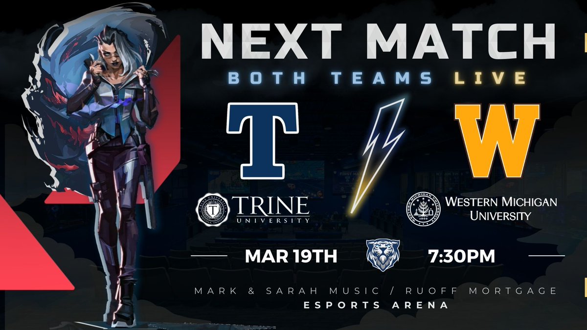 TrineESPORTS's tweet photo. Trine VALORANT faces Western Michigan University in a live, in-person matchup at the Esports Arena. Both teams will be on stage. Come watch the action live and support the Thunder as we take on WMU. 
#TrineEsports #Valorant #ThunderUp #gaminglife https://t.co/Rh14VxQZBg