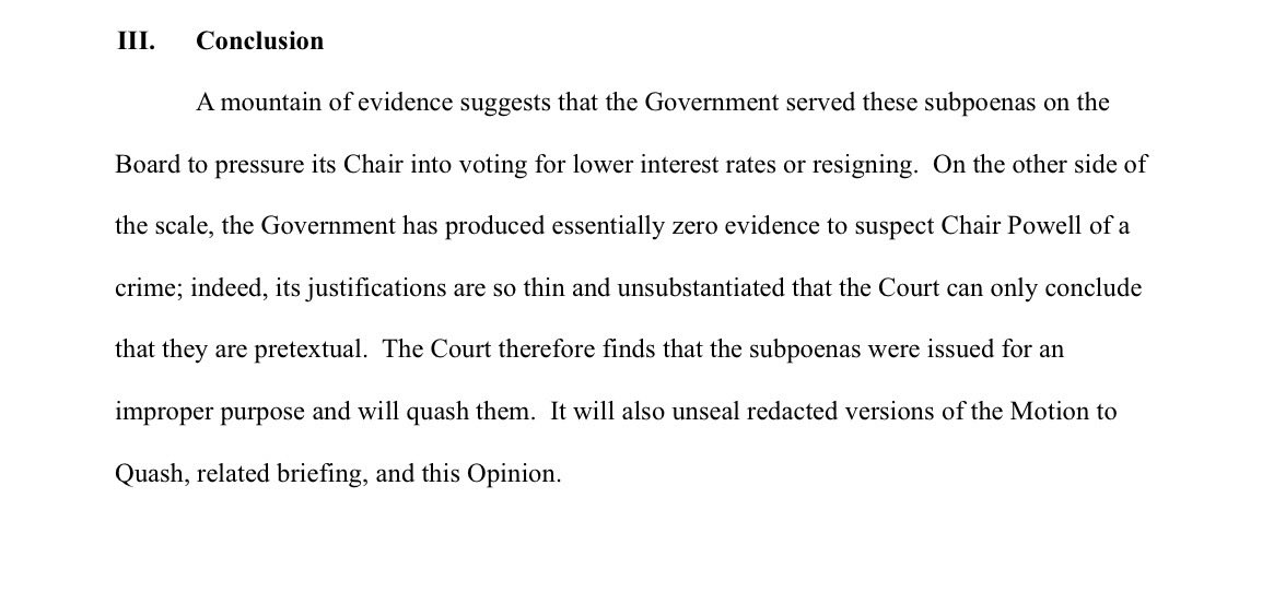 Remarkable decision by DC District Court Chief Judge James Boasberg quashing subpoenas against Jerome Powell. Even more remarkable are the subpoenas themselves, an effort to weaponize law enforcement. Here is the full opinion. storage.courtlistener.com/recap/gov.usco…