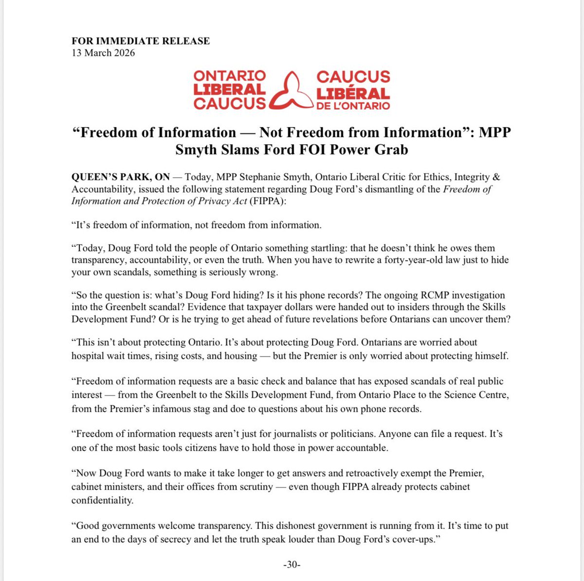 OntLiberal's tweet photo. It’s called Freedom of Information — not Freedom from Information.

When you have to rewrite a forty-year-old law to hide your scandals, you know something’s wrong.

This isn’t about protecting Ontario. It’s about protecting @fordnation from a basic check and balance.

#onpoli https://t.co/oQaTz8Rf24