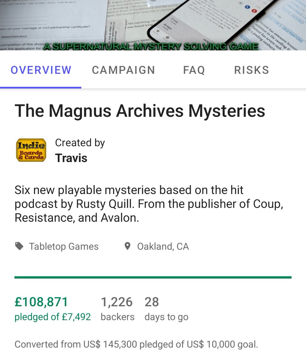 TheRustyQuill's tweet image. The campaign for the @Kickstarter
campaign has raised over £100,000! Join 1,226 #MagnusPod fans at rustyquill.com/mysteries

@IBCGames #crowdfunding #Kickstarter #boardgames