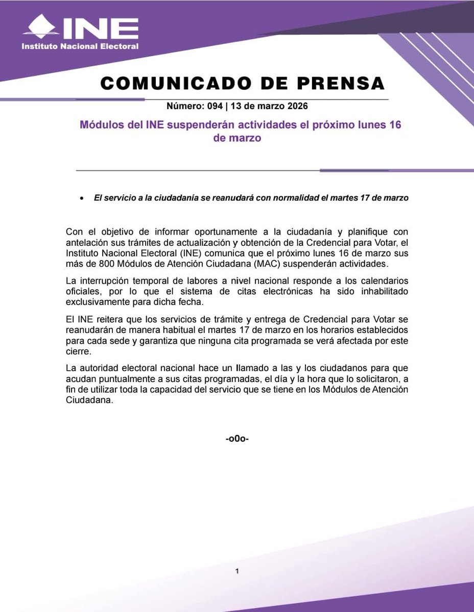 #BoletínINE | Módulos del INE suspenderán actividades el próximo lunes 16 de marzo.

centralelectoral.ine.mx/2026/03/13/mod…