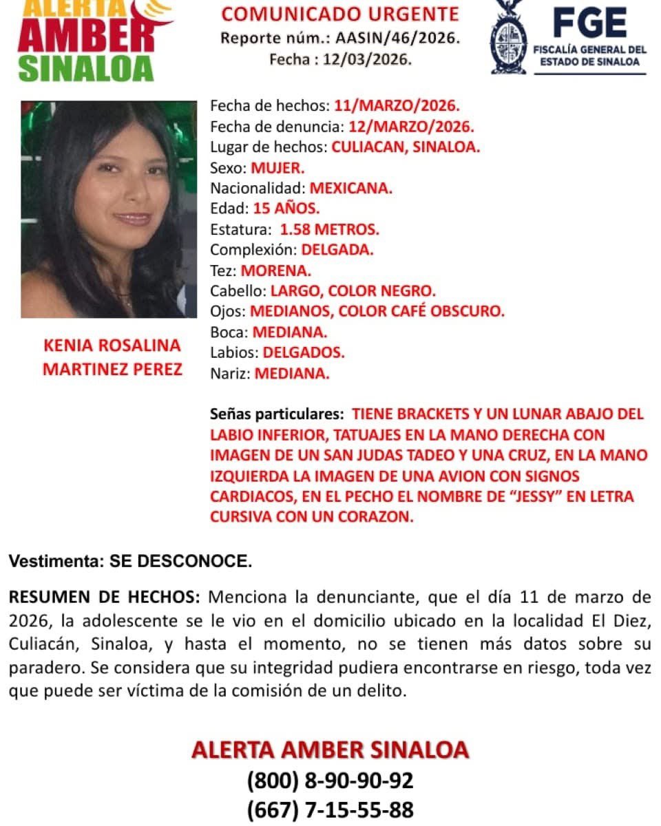 🚨La Fiscalía de Sinaloa reportó la desaparición de cinco mujeres entre el 10 y 11 de marzo, cuatro de ellas menores de edad.

Las jóvenes, originarias de Ahome y Culiacán, fueron vistas por última vez en distintas colonias y localidades. 

En las fichas de búsqueda, autoridades