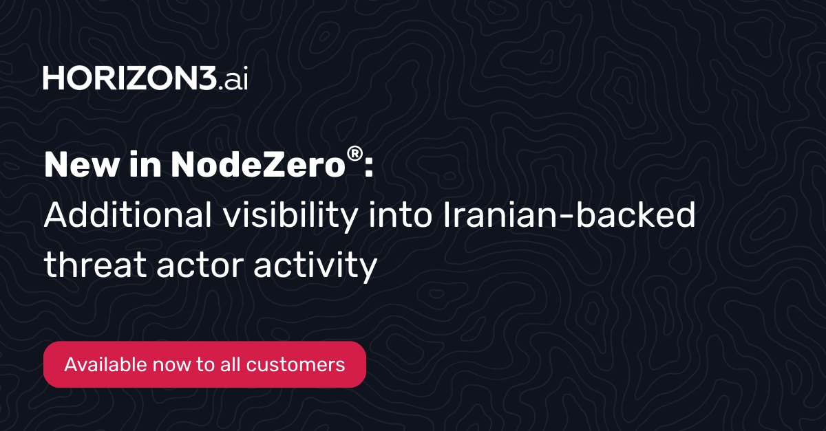 Horizon3ai's tweet photo. Given recent geopolitical developments and increased nation-state cyber activity, #NodeZero now highlights when weaknesses discovered during pentests correspond to vulnerabilities previously exploited by Iranian-backed threat actors.

For a limited time, this Threat Actor Intelligence is visible to all NodeZero customers, helping security teams quickly prioritize exposures that align with real-world adversary behavior.

Learn more about NodeZero Threat Actor Intelligence at https://t.co/lcSraC7D4J. 

#OffensiveSecurity #AutonomousSecurity #pentesting #infosec