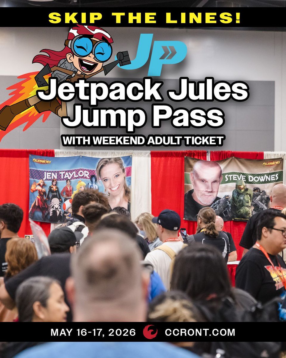 ComicConRvltn's tweet image. 🚀 SKIP THE LINES WITH THE JETPACK JULES JUMP PASS! This Limited to 100 Fast Pass includes:

✅ Priority access for signings &amp;amp; photo ops
✅ Guaranteed select panel seating
✅ Weekend ticket included

🎟️ GET TICKETS: CCRTix.com

#ComicConRevolution #CCR2026 #FastPass