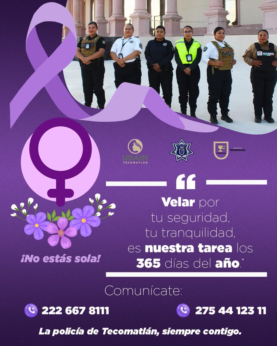 #SeguridadPúblicaTecomatlán| 
💜| La Dirección de Seguridad Pública de Tecomatlán, siempre contigo. 
|| Si necesitas ayuda, comunícate a los números telefónicos. 
Disponible las 24 hrs., los 365 días del año. 
💪¡No estás sola!