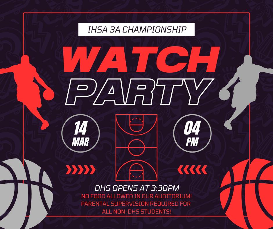 Dist113's tweet image. Deerfield Boys Basketball is playing for the state title! Join the watch party at Deerfield High School. Doors open at 3:30 p.m. Enter through the main entrance.

All are welcome. Non-DHS students must be with a parent/guardian. No food is allowed inside.