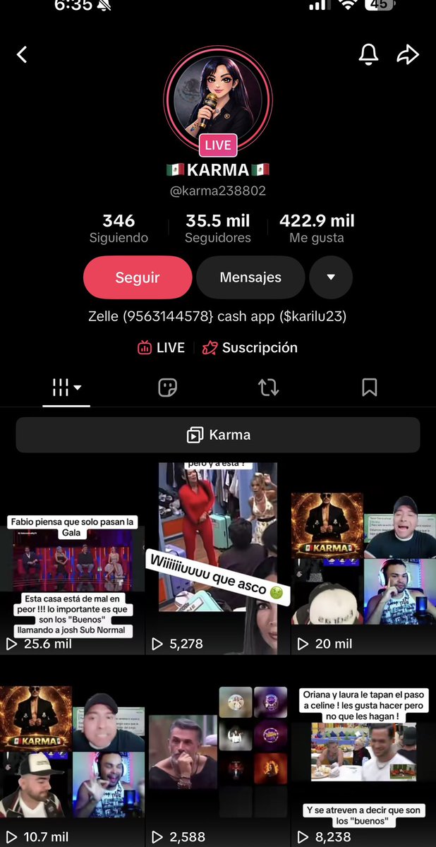 racsoblue's tweet photo. SE llama Karma así está en  tik tok ella le está mandando los carritos de odio a Oriana poniendo a su perro diciéndole maldita que México la odia se burla de su perro ah otra cosa es amiga de SERGIO MAYER ESTABA EN LIVE CON EL HABLANDO DE ORIANA Y FABIO REPORTEN LA CUENTA #LCDLF6 https://t.co/2pRQrcF3x3