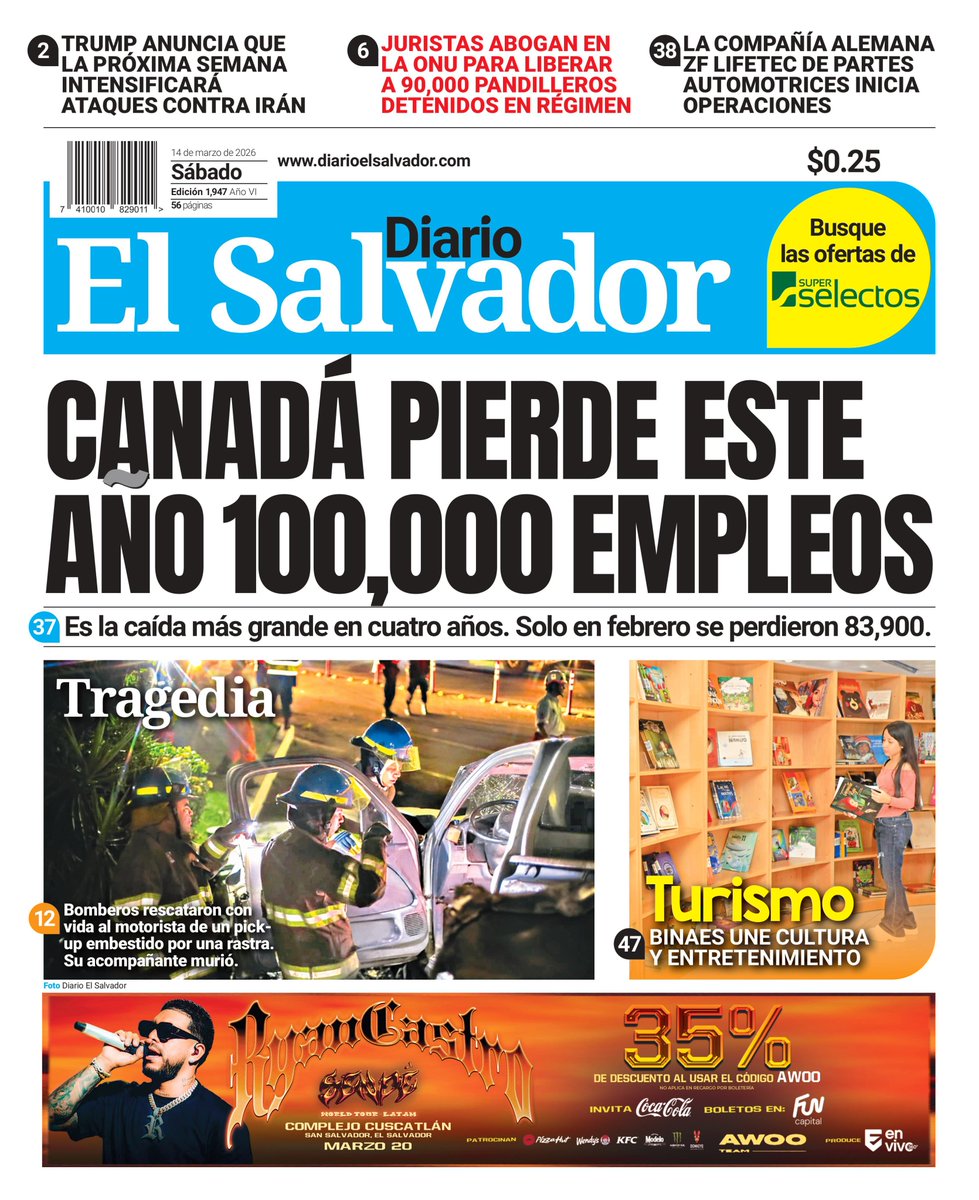 Esta es la portada de #DiarioElSalvador de este sábado, 14 de marzo de 2026. #DiarioES 

Entérate de más noticias en ➡️ diarioelsalvador.com