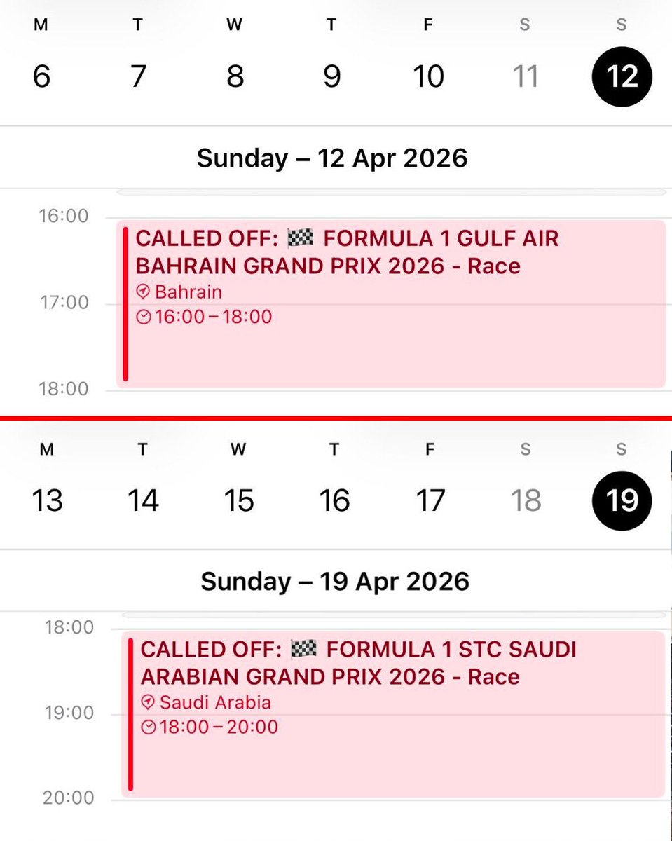 "CANCELADO"  

El calendario de F1 que se sincroniza con tu teléfono ya muestra el GP de Bahréin y el GP de Arabia Saudí como cancelados❌

#F1