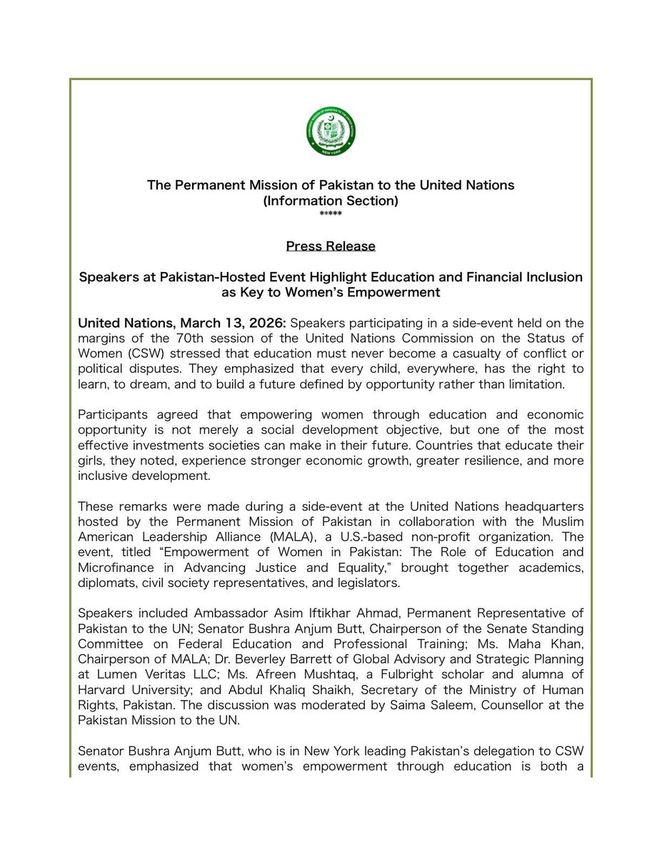Pakistan at the UN Highlights Education and Financial Inclusion as Pillars of Women’s Empowerment
